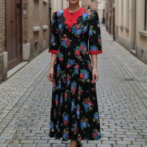RGY vintage black floral drop waist half sleeve flattering A line maxi dress, 12